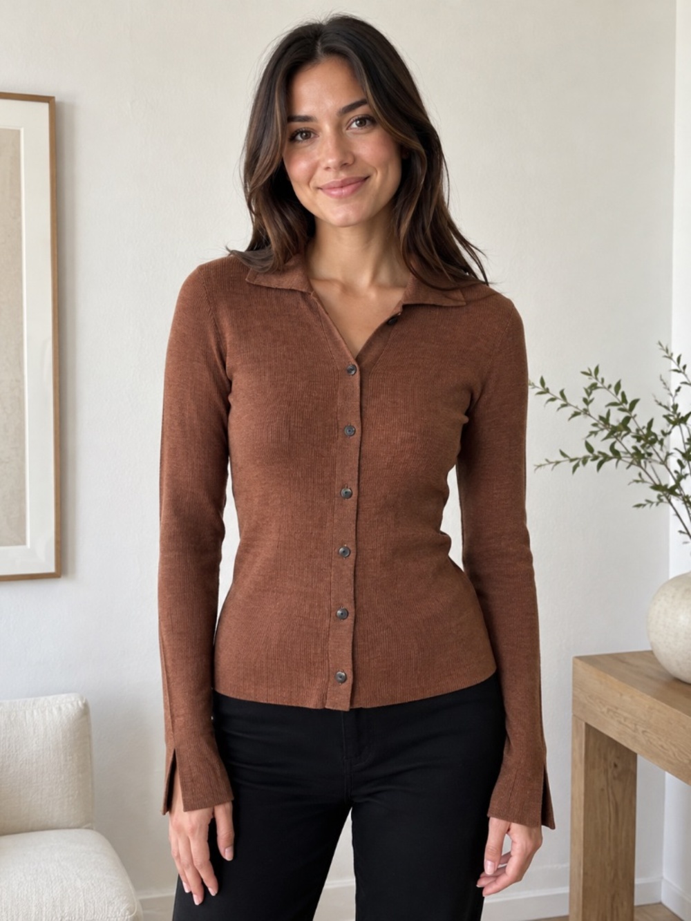 Tanya Taylor Merino Wool Cardigan Women’s S Brown Collared Button Front Quiet Lu